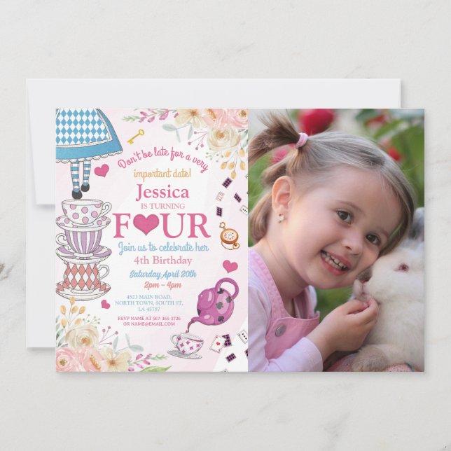 Wonderland Birthday 4. Tee Party Vier Girls Foto Einladung (Vorderseite)