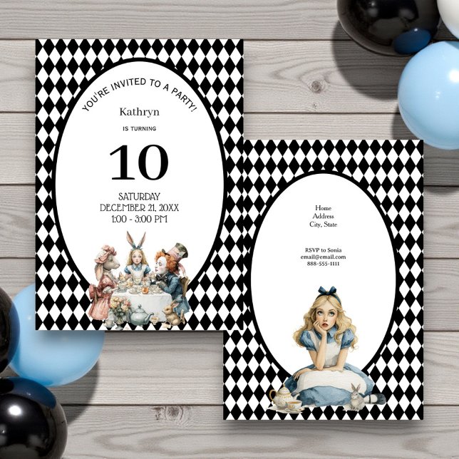 Wonderland Black White Vintage Birthday Party Einladung (Von Creator hochgeladen)