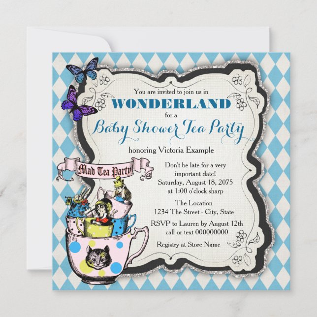 Wonderland Mad Hatter Tee Party Babydusche Einladung (Vorderseite)