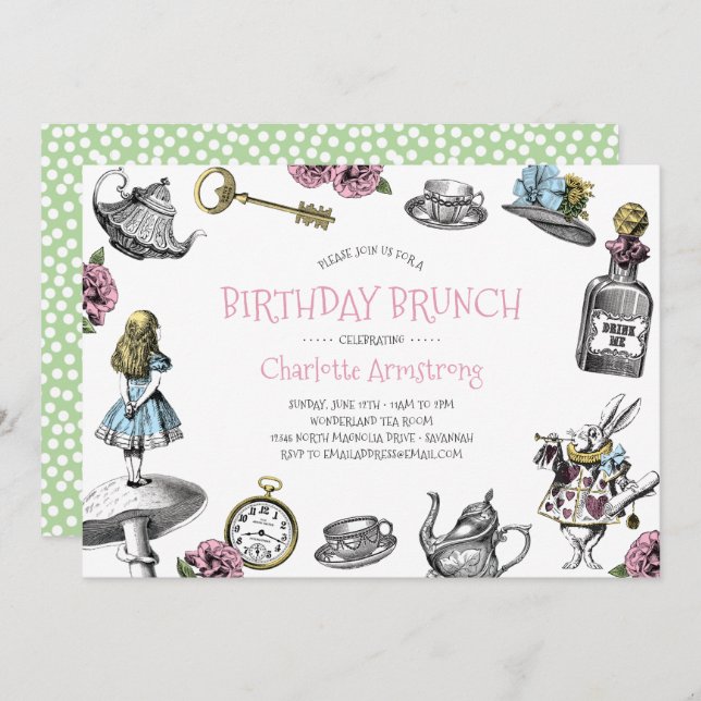 Wonderland Pink und Green Birthday Brunch Einladung (Vorne/Hinten)