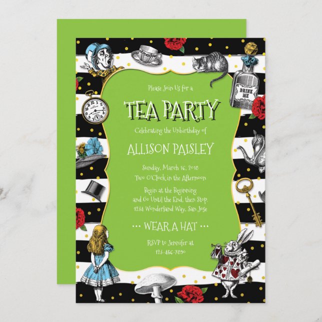 Wonderland Tee Party Lime Green Einladung (Vorne/Hinten)
