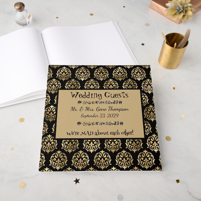 Wonderland Whimsy Black, Gold Wedbook Gästebuch (Vorderseite Offen)