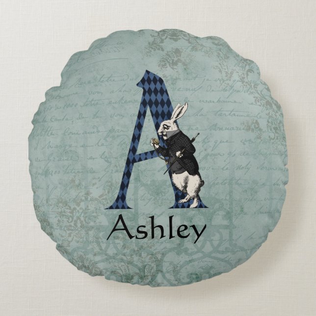 Wonderland White Rabbit Letter A Rundes Kissen (Vorderseite)
