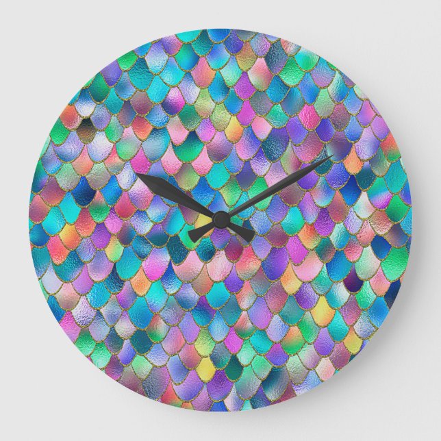Wonky Rainbow Glitzer Metal Mermaid Scales Große Wanduhr (Vorderseite)