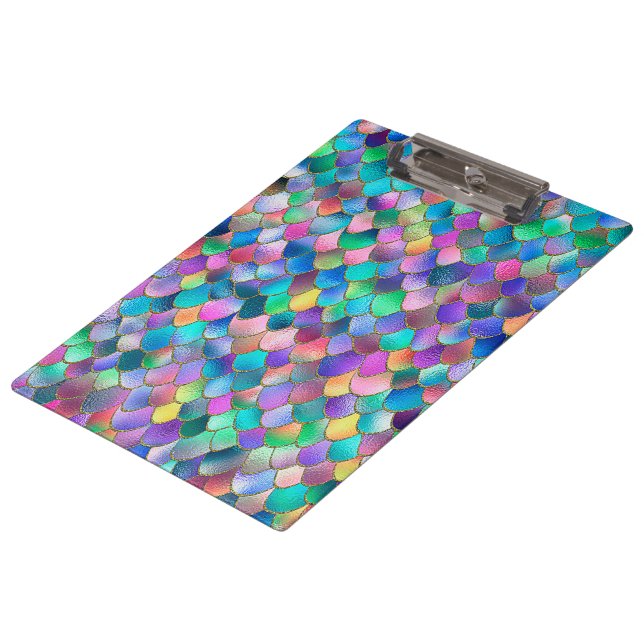Wonky Rainbow Glitzer Metal Mermaid Scales Klemmbrett (Schrägansicht)