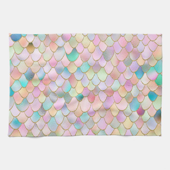 Wonky Trendy Rainbow Girl Metal Mermaid Scales Geschirrtuch (Horizontal)