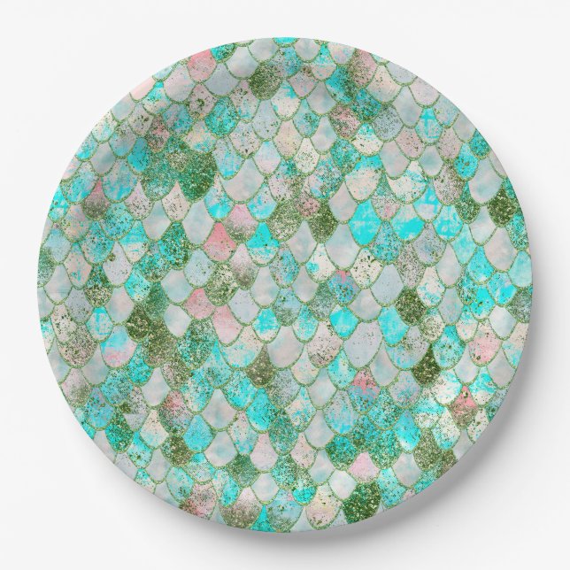 Wonky Watercolor Mint Green Glitzer Mermaid Scales Pappteller (Vorderseite)