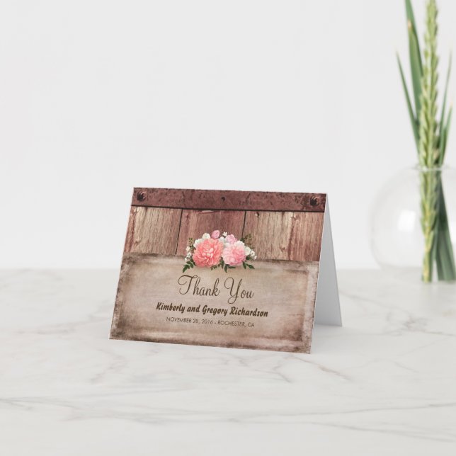 Wood and Burlap Rustic Floral Wedding Vielen Dank Dankeskarte (Vorderseite)