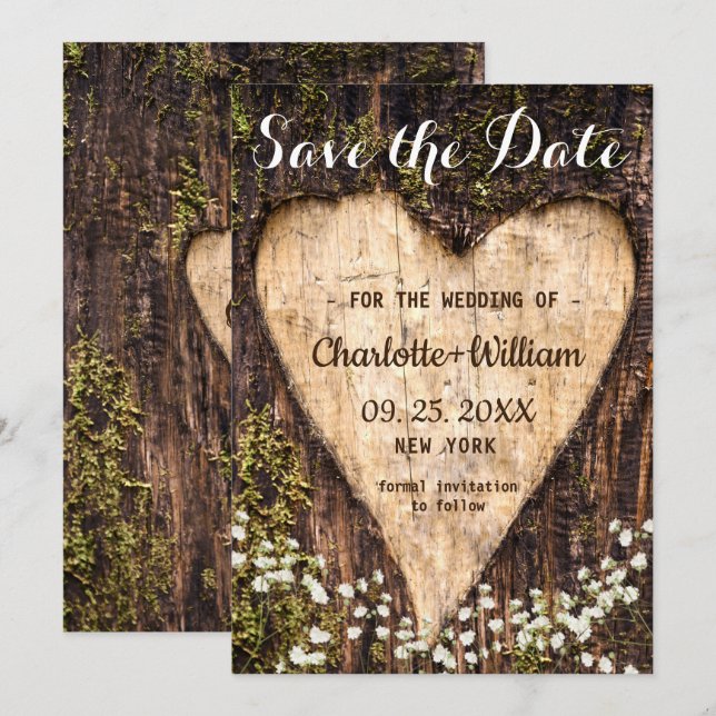Wood Bark Baby Atemherz Rustikale Hochzeit Save The Date (Vorne/Hinten)