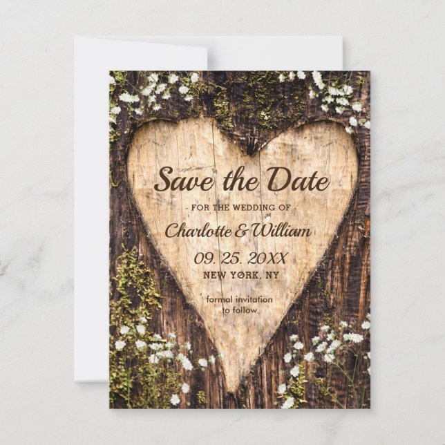 Wood Bark Baby Atemherz Rustikale Hochzeit Save The Date (Vorderseite)