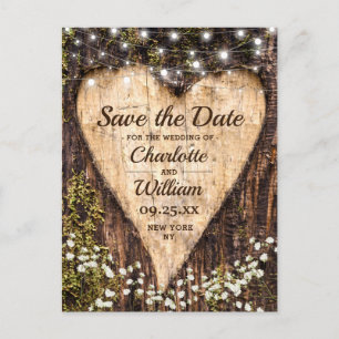 Wood Bark Heart Baby-Hochzeit retten das Datum Postkarte