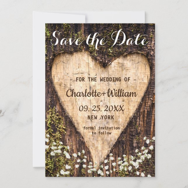 Wood Bark Heart Baby-Hochzeit retten das Datum Save The Date (Vorderseite)