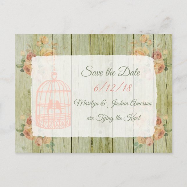 = Wood Birdcage Wedding Save the Date Postcard Postkarte (Vorderseite)