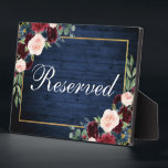 Wood Blue Burgundy Hochzeit vorbehalten 12x18 Tabl Fotoplatte<br><div class="desc">Rustic Blue Wood Watercolor Floral Burgundy Marsala Blue Gold Rahmen Hochzeitsreserviert 12x18 Table Plaque</div>