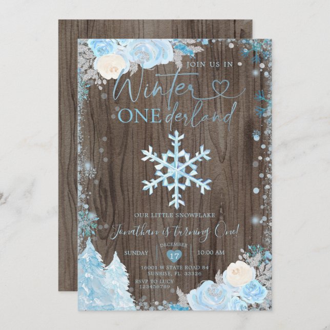 Wood Blue Winter Onederland Snowflake Geburtstag Einladung (Vorne/Hinten)