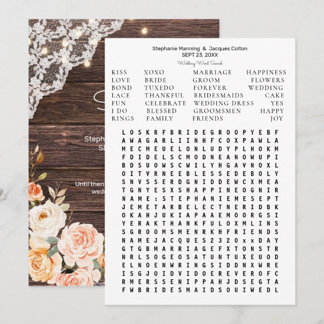 Wood Blush Peach Floral Save the Date Word Suche Einladung (Vorne/Hinten)