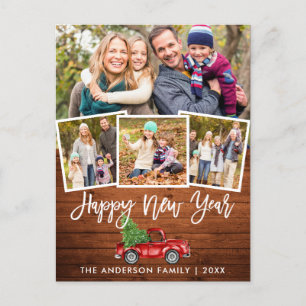 Wood Brush Script Red Truck Neujahr 4 Foto Postkarte