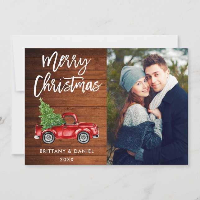 Wood Brush Script Truck Couple Foto Weihnachten (Vorderseite)