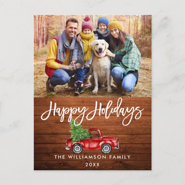 Wood Brush Script Vintag Truck Foto Holidays Postkarte (Vorderseite)