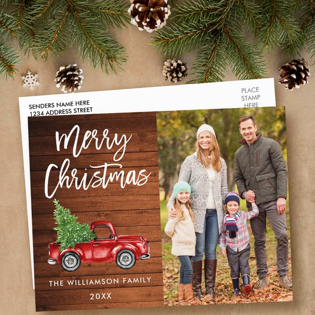 Wood Brush Script Vintag Truck Foto Weihnachten Postkarte (Customize to change your personalized text size or text style.)