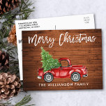 Wood Brush Script Vintag Truck Weihnachtsbaum Postkarte<br><div class="desc">Rustikales Holz - Pinselschrift Wasserfarbe Vintager roter LKW mit Weihnachtsbaum - Frohe Weihnachtspostkarte</div>