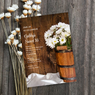 Wood Bucket White Daisies Sweet 16 Birthday Party Einladung