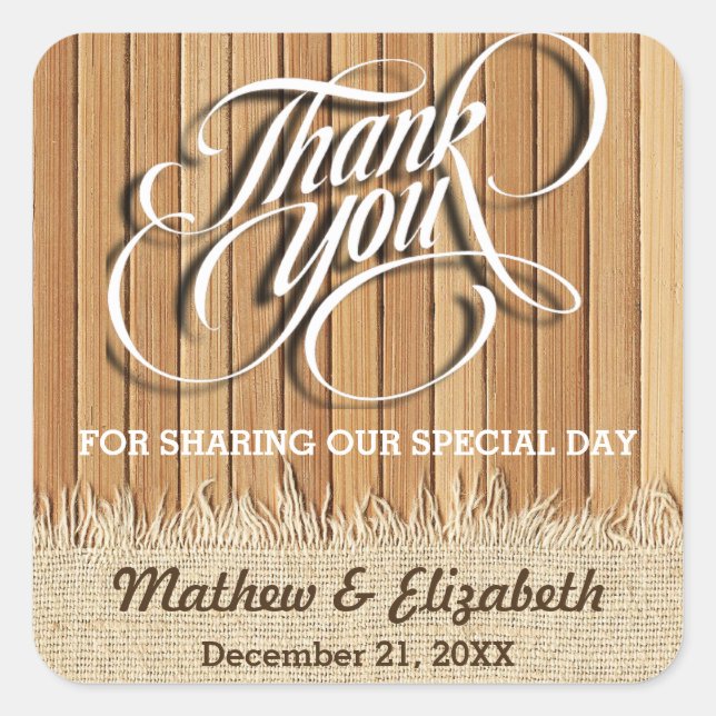 Wood Burlap Vielen Dank für Ihre Hochzeit Quadratischer Aufkleber (Vorderseite)