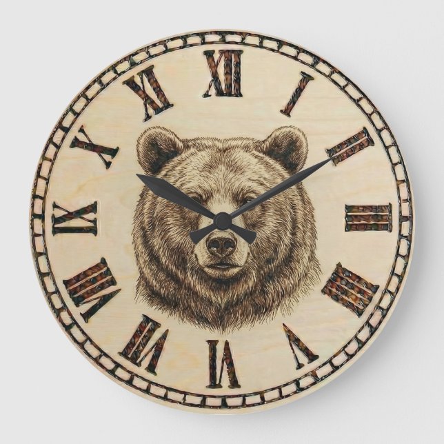 Wood Burned Bear Rustic Wall Clock Große Wanduhr (Vorderseite)