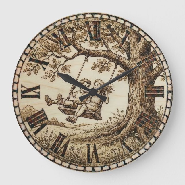 Wood Burned Swing Tree Wall Clock Große Wanduhr (Vorderseite)