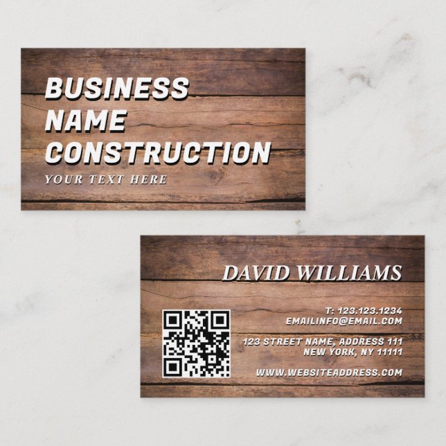 Wood Construction QR Code Bold Rustic Visitenkarte (Vorne/Hinten)