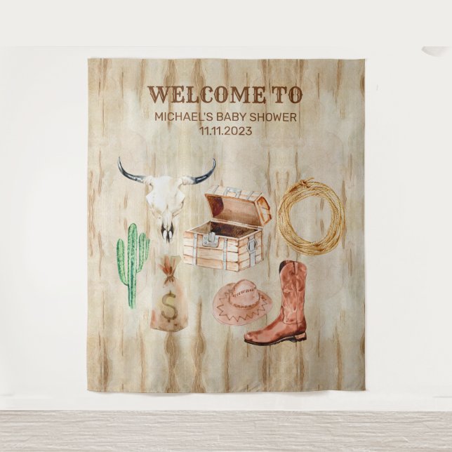 Wood Cowboy Baby Shower welcome backdrop Wandteppich (Vorderseite)