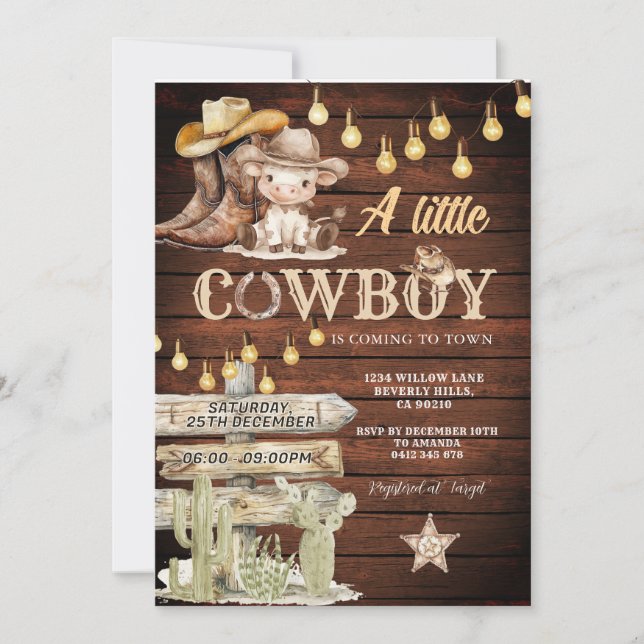 Wood Cowboy Boots & Cactus Baby Shower Einladung (Vorderseite)