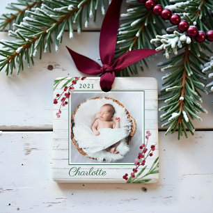 Wood Cranberry Foliage Baby First Christmas Foto Keramikornament