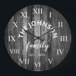 Wood Custom Family Name Rustic Farmhouse Große Wanduhr<br><div class="desc">The Grey (gray) wooden farm house stile wall clock is perfect for your country farmhouse kitchen or living room. Customize with your family name and established year for a unique and personalized birthday or Christmas gift.</div>