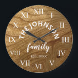 Wood Custom Family Name Rustic Farmhouse Große Wanduhr<br><div class="desc">Die Wanduhr im Stil eines braunen Bauernhauses ist perfekt für die Küche oder das Wohnzimmer Ihres Landhauses. Passen Sie Ihren Familiennamen und das Jahr für ein einmaliges und personalisiertes Geburtstag- oder Weihnachtsgeschenk an.</div>