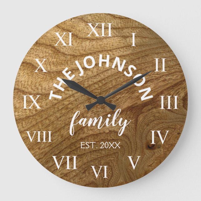 Wood Custom Family Name Rustic Farmhouse Große Wanduhr (Vorderseite)