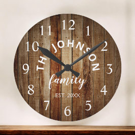 Wood Custom Family Name Rustic Farmhouse Große Wanduhr