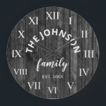 Wood Custom Family Name Rustic Farmhouse Große Wanduhr<br><div class="desc">The Grey (gray) wooden farm house stile wall clock is perfect for your country farmhouse kitchen. Customize with your family name and established year for a unique and personalized birthday or Christmas gift.</div>