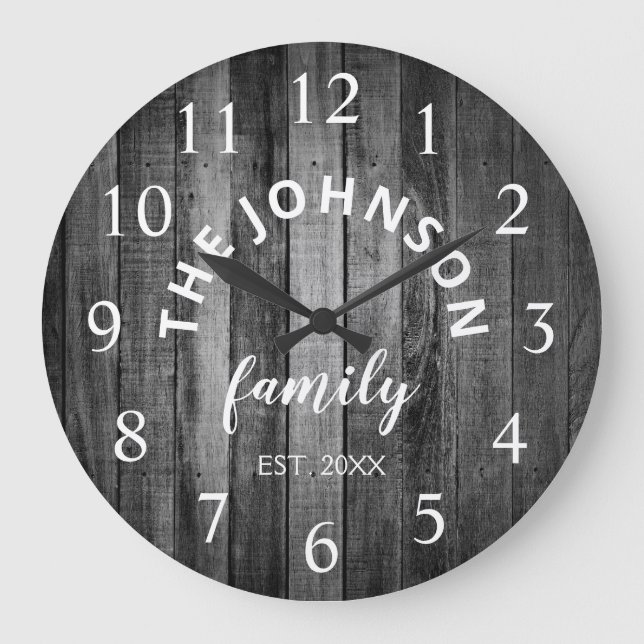 Wood Custom Family Name Rustic Farmhouse Große Wanduhr (Vorderseite)