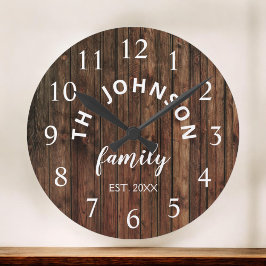 Wood Custom Family Name Rustic Farmhouse Runde Wanduhr
