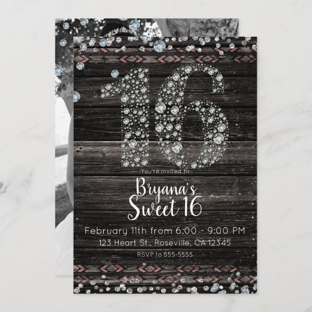 Wood Diamond Bling 16 16 Geburtstagsparty Foto Einladung (Vorne/Hinten)