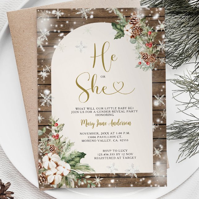 Wood er or She Christmas Floral Gender Reveal Einladung (Von Creator hochgeladen)