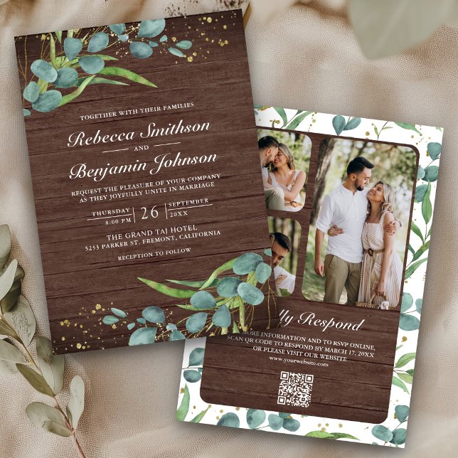 Wood Eucalyptus Photo Collage QR Code Wedding Einladung (Von Creator hochgeladen)