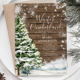 Wood Evergreen Winter Onederland 1. Geburtstag Einladung