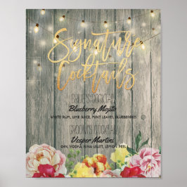 Wood floral Wedding Signature Cocktail Drink Menü Poster