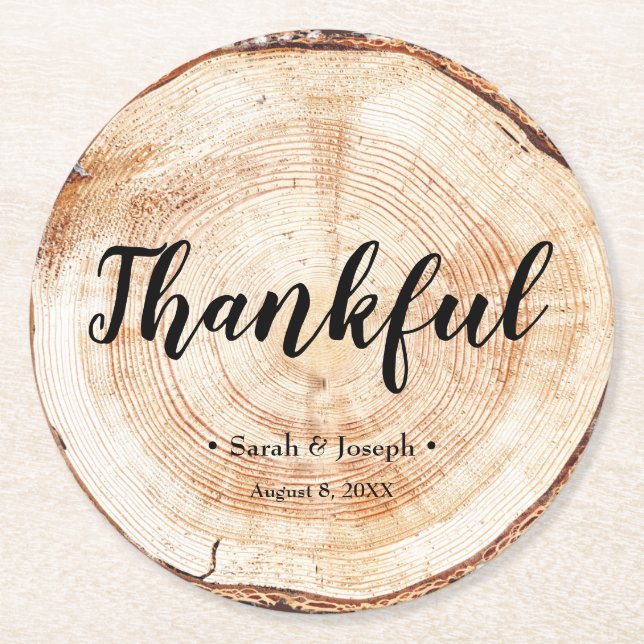Wood Grain Rustic Wedding Thankful Gefallen Unters Runder Pappuntersetzer (Vorderseite)