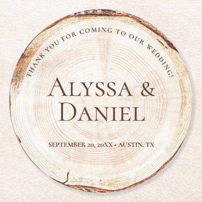 Wood Grain Rustic Wedding Vielen Dank für Ihre ind Runder Pappuntersetzer (Vorderseite)