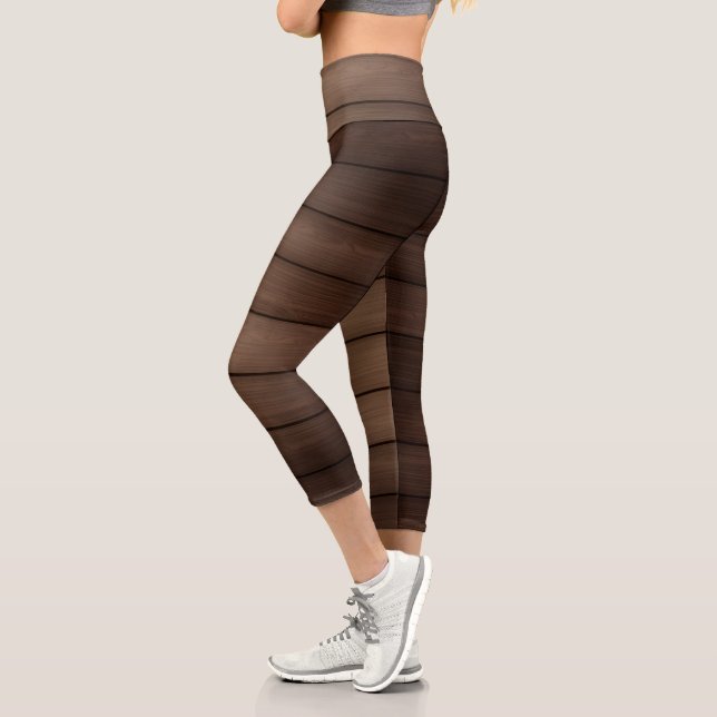 Wood Grain Striped Brown Abstract Fashion Art Capri Leggings (Links)