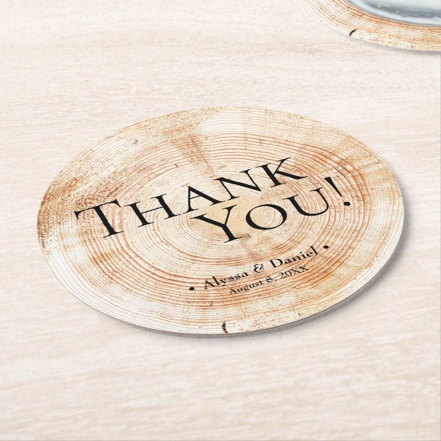 Wood Grain Thank You Rustic Wedding Favor Runder Pappuntersetzer (Angewinkelt)