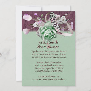 Wood Green Rose Ribbon Romantic Wedite Einladung